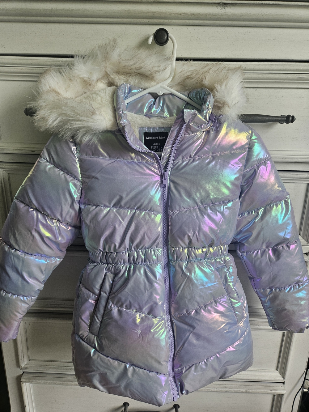 Members Mark Iridescent Puffer Coat with Faux Fur Hood